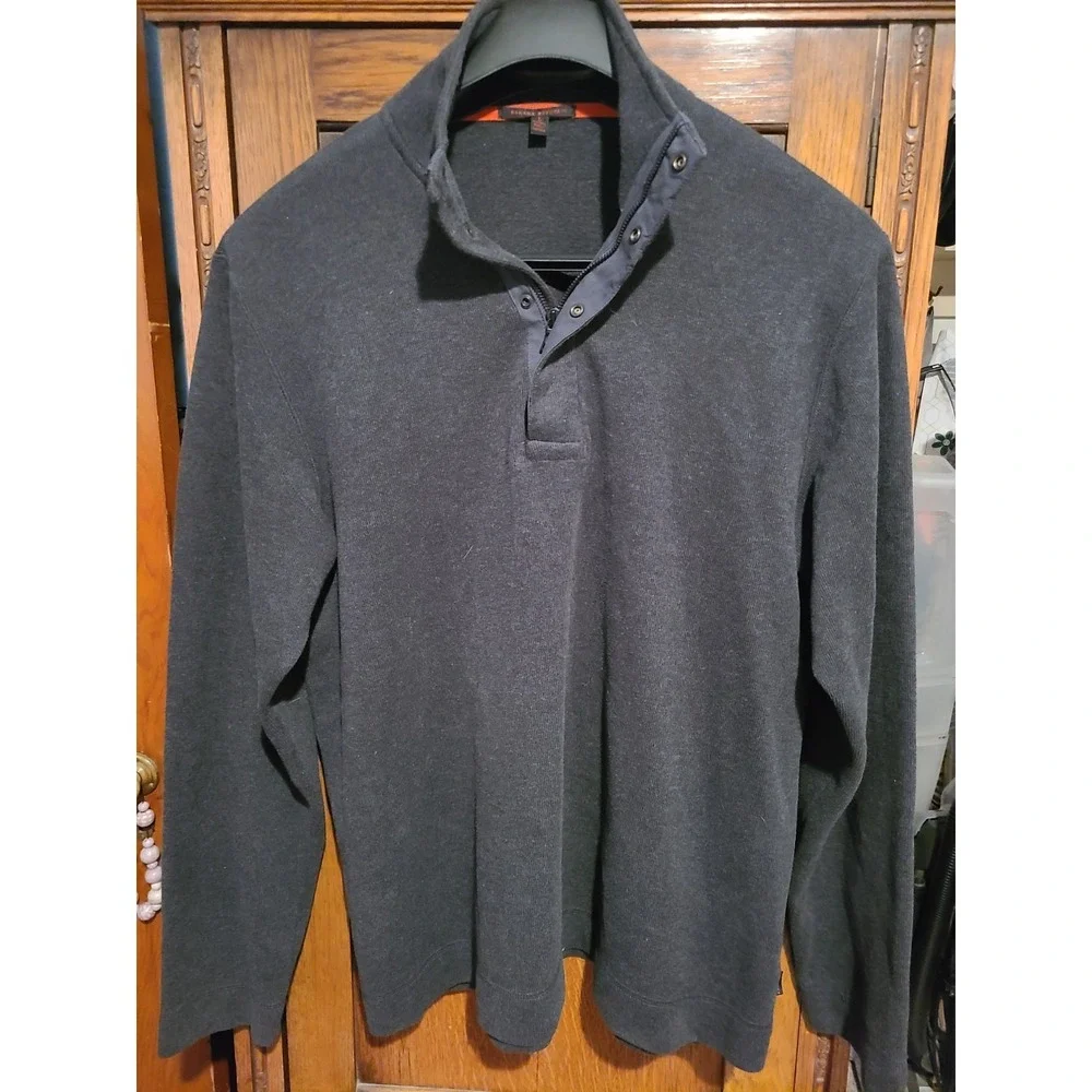 Vintage Banana Republic Mens Sz L 1/4 Zip/ Snap Cotton Pullover Long Sleeve Gray